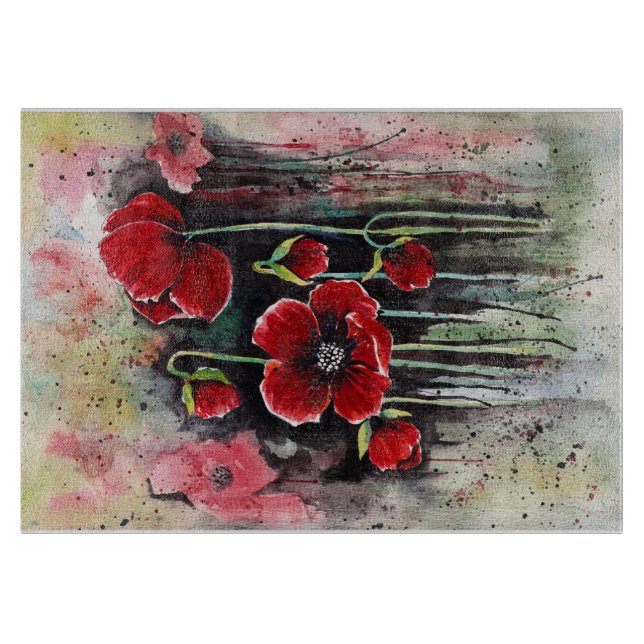 Blume aus rotem Mohn in Aquarelltafel Schneidebrett (Vorderseite)