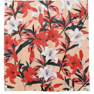 Blume aus roter und weißer Lilie, botanisch nahtlo Duschvorhang