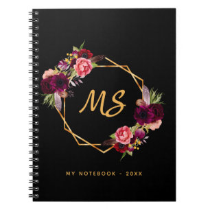 Blume aus schwarzem Gold, geometrisch bordeauxrot, Notizblock