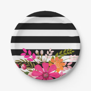 Blume aus schwarzem und weißem Streifen   Fuchsia Pappteller