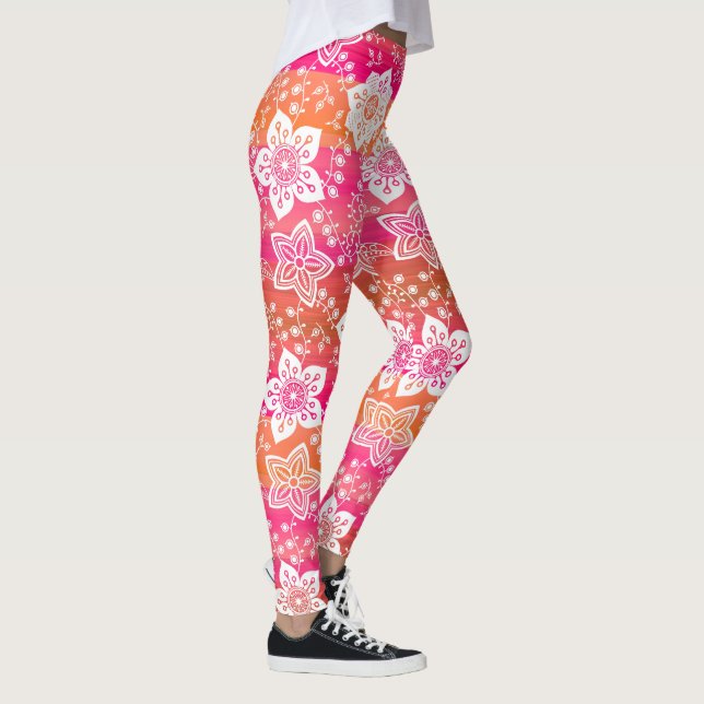 Blume aus weißem Paisley auf heißen rosa, orangefa Leggings (Rechts)