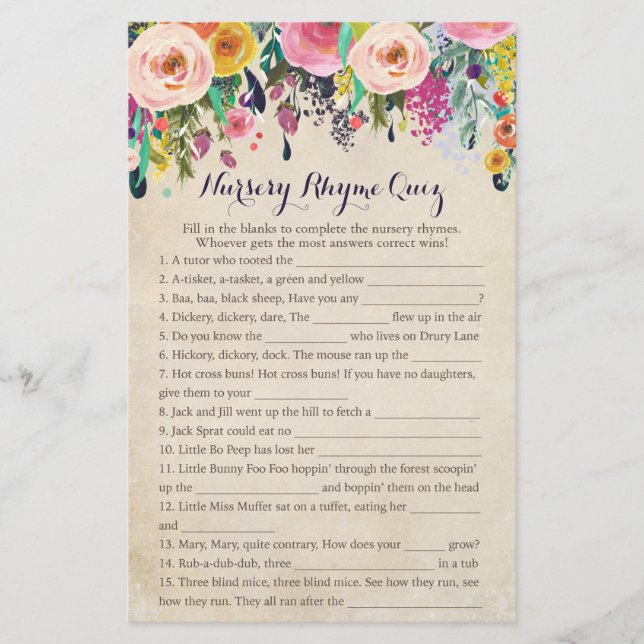 Blume Baby Dusche Kinderzimmer Rhyme Quiz (Vorderseite)