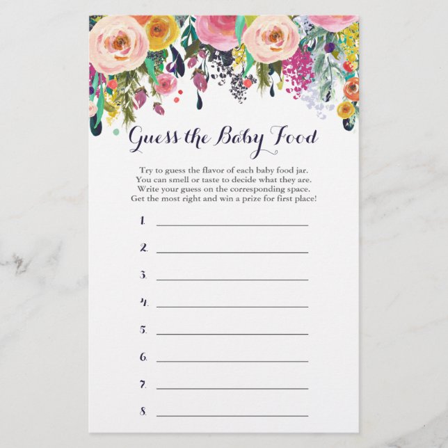 Blume Baby Shower Raten Sie das Baby Food Game (Vorderseite)