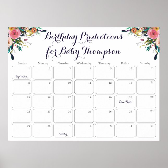 Blume Babydusche Geburtstagsvorhersage Kalender Poster (Vorne)