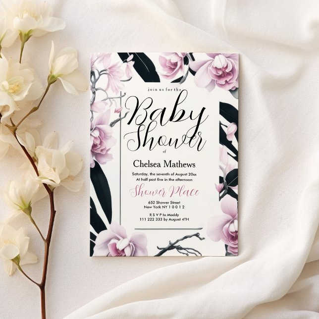 Blume Babydusche in schwarz-rosa Aquarell Einladung (Watercolor pink black orchid flower Baby Shower)