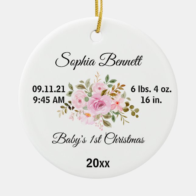 Blume Baby's First Christmas & Custom Birth Stats Keramik Ornament (Vorne)