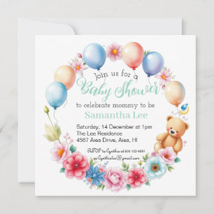 Blume, Ballons, Teddybär, Babydusche Einladung