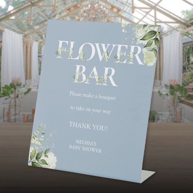 Blume Bar Greenery Blumendusche Blue Baby Dusche Sockelschild (Flower Bar Greenery Floral Dusty Blue Baby Shower Pedestal Sign)
