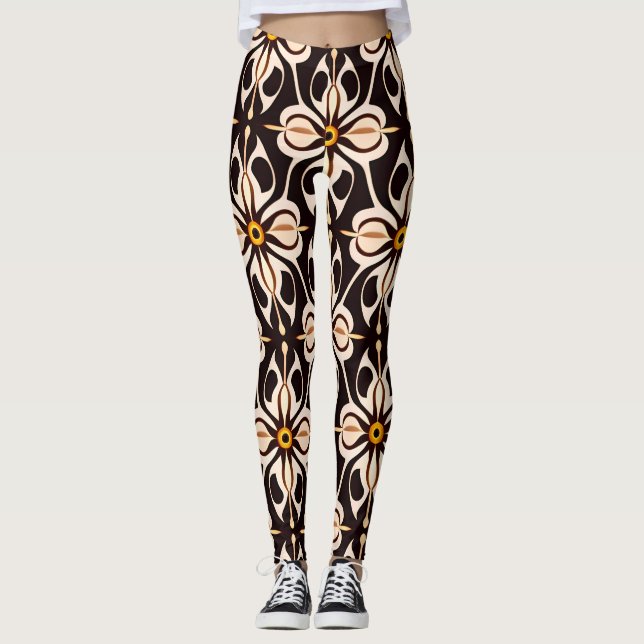 Blume Batik Gelbbeige Blumenmuster Leggings (Vorderseite)