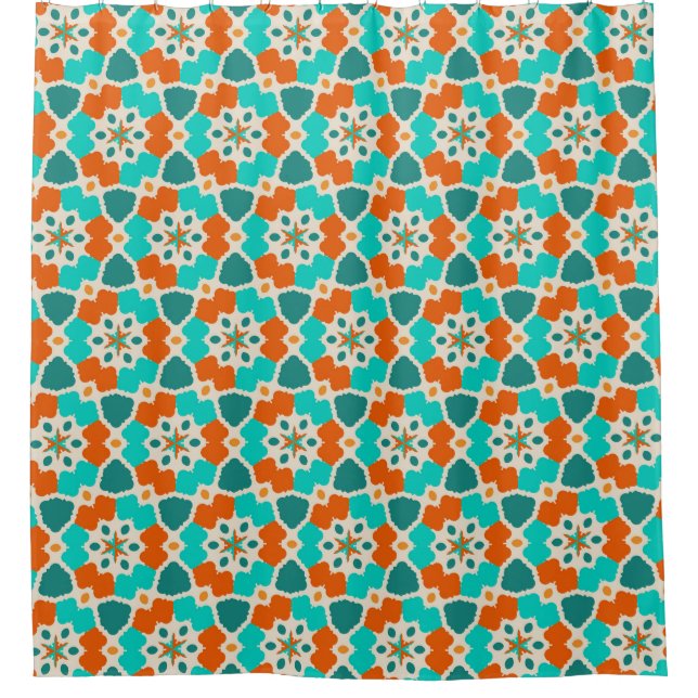 Blume, Bäume und Ninja Sterne Orange und Aquamarin Duschvorhang (Vorderseite)