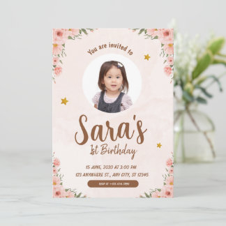Blume Beige & rosa Aquarell 1. Geburtstag Foto Einladung