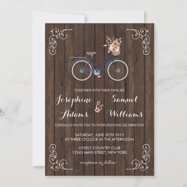 Blume Bicycle Wood Hochzeit Einladung (Vorderseite)