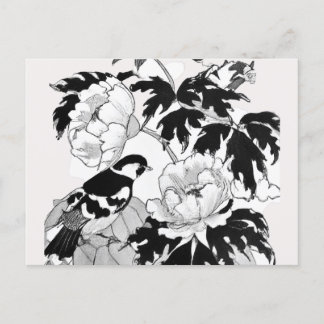 Blume Bird Black und White Postcard Postkarte