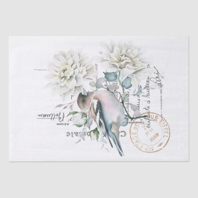 Blume Bird Französisch-Script Postmark Decoupage Seidenpapier (Vorderseite)