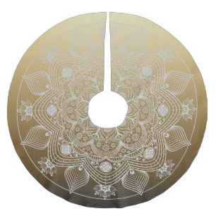 Blume, Blätter, Mandala aus weißer Leder auf Gold Polyester Weihnachtsbaumdecke