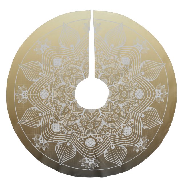 Blume, Blätter, Mandala aus weißer Leder auf Gold Polyester Weihnachtsbaumdecke (Vorderseite)