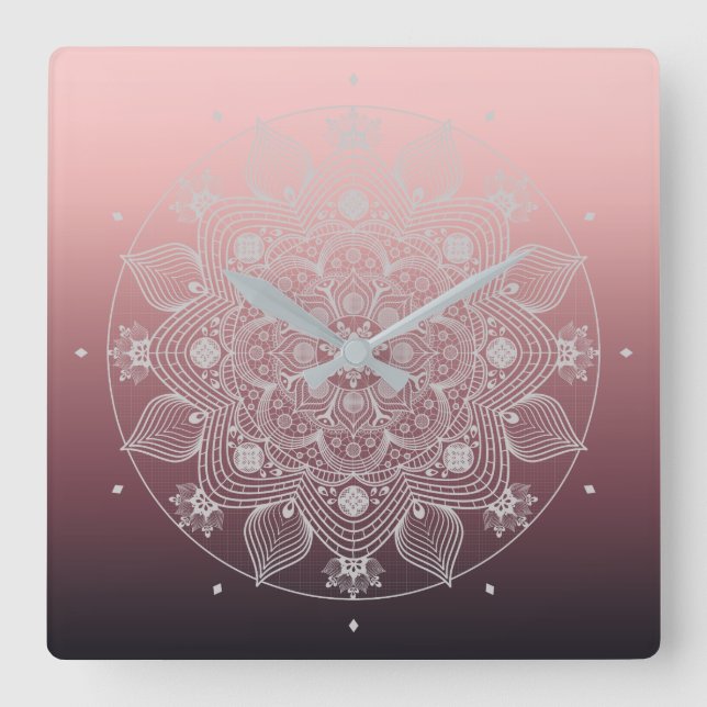 Blume, Blätter, Mandala, Weiße Spitzen, rosa Quadratische Wanduhr (Vorderseite)