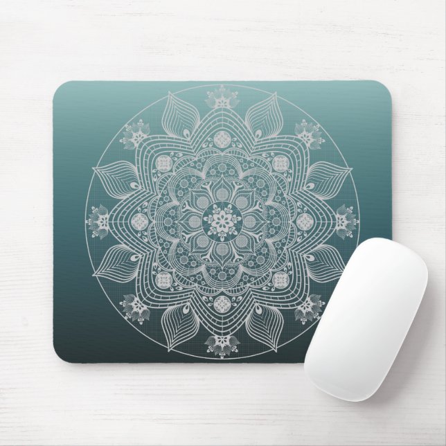 Blume, Blätter, Weiße Spitzen Flora Mandala auf Aq Mousepad (Mit Mouse)