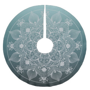 Blume, Blätter, Weiße Spitzen Flora Mandala auf Aq Polyester Weihnachtsbaumdecke