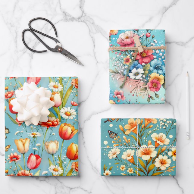 Blume Blau 3 Geschenkpapier Set (Vorderseite)