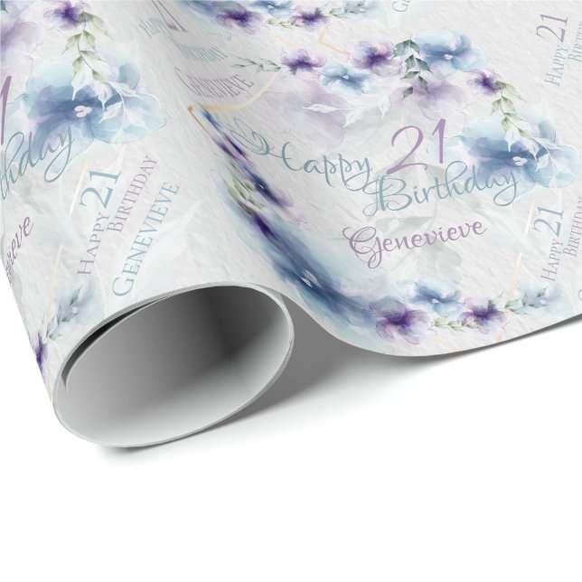 Blume Blau und Violett Name und Alter Geschenkpapier (Rolleneckpunkt)