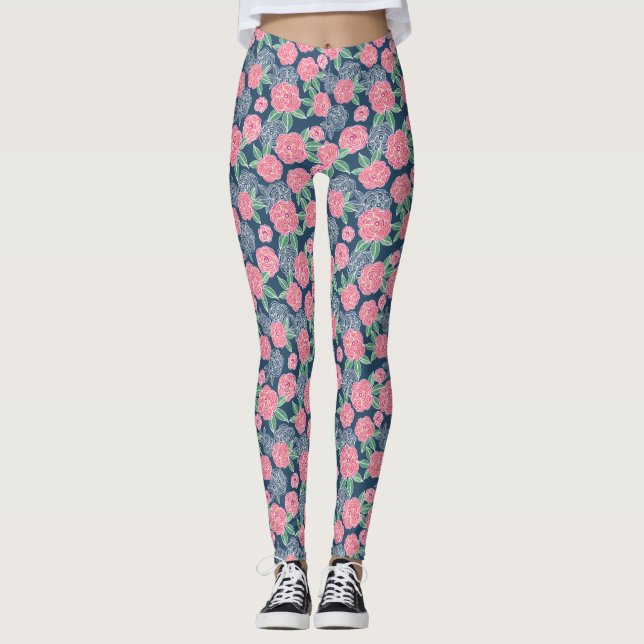 Blume blau, weiß und rosa leggings (Vorderseite)