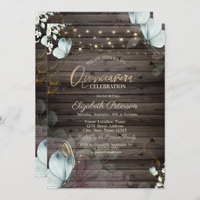 Blume Blauer Schmetterling Holz Einladung (Vorne/Hinten)