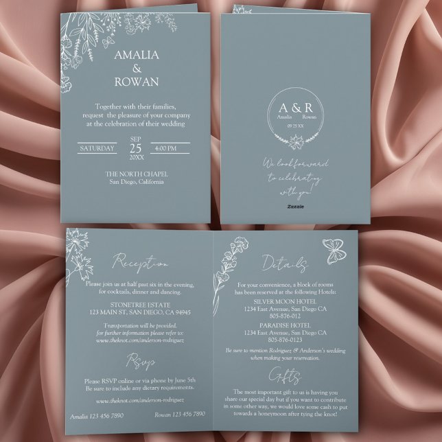 Blume Blaugraue Hochzeit Einladung (Von Creator hochgeladen)