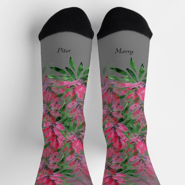 Blume Bloom Boho Couple Wasserfarbe Mit Monogramm Socken (Oben)