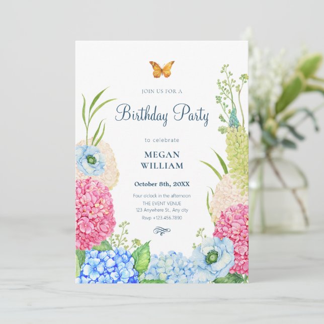Blume blühen Schmetterling Geburtstag Einladung (Stehend Vorderseite)