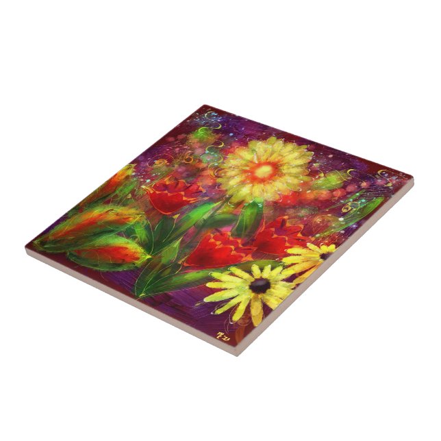 Blume Blume Abstrakt Art Rot Gelb Fliese (Seite)