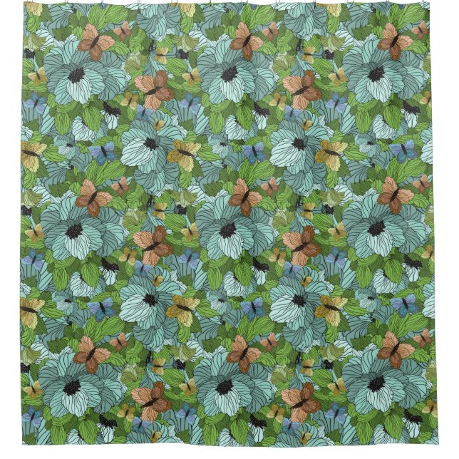 Blume Blumenblättrige Schmetterlinge Schattierunge Duschvorhang (Vorderseite)