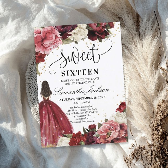 Blume Blush burgundy Einladung (Blush burgundy maroon flowers princess dress invitation)