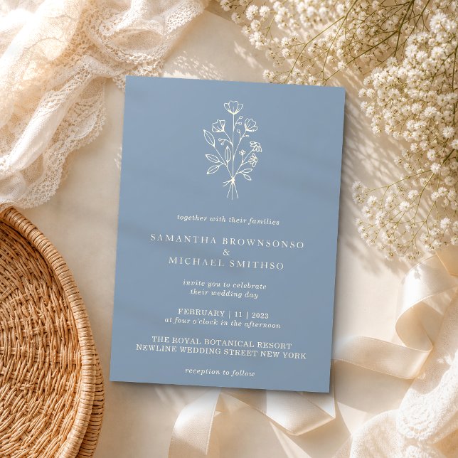 Blume Boho Minimal Botanical Dusty Blue Wedding Einladung (Von Creator hochgeladen)
