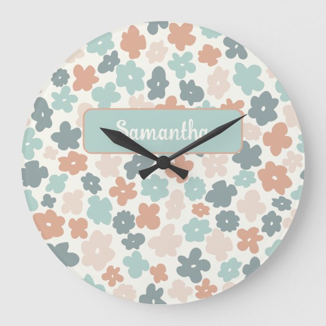 Blume Boho Retro Pastellfarben Große Wanduhr (Vorderseite)