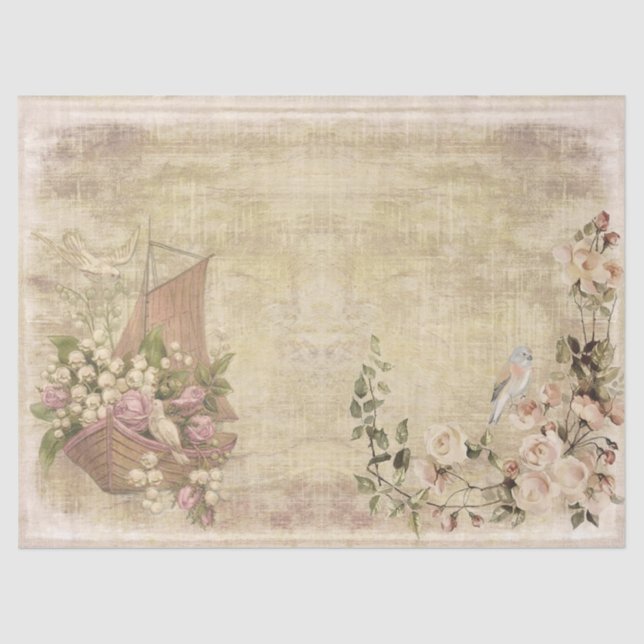 Blume, Boote und Vögel auf Not leidender Decoupage Seidenpapier (Vorderseite)