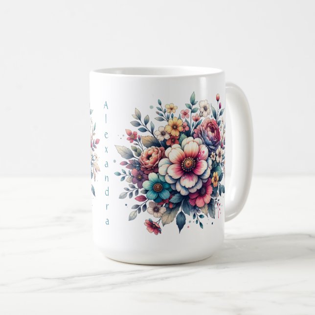 Blume Bouquet Aquarell personalisiert Kaffeetasse (VorderseiteRechts)