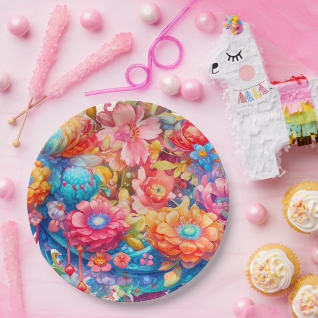 Blume Bouquet in Pink Orange & Blue Boho Pappteller (Party)