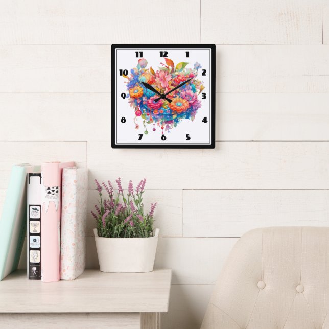 Blume Bouquet in Pink Orange & Blue Boho Quadratische Wanduhr (Lesesaal)