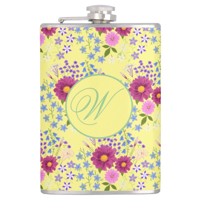 Blume Bouquet mit Dahlia Monogram Flask Flachmann (Vorderseite)