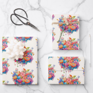 Blume Bouquet Muster in Rosa Orange & Blau Geschenkpapier Set