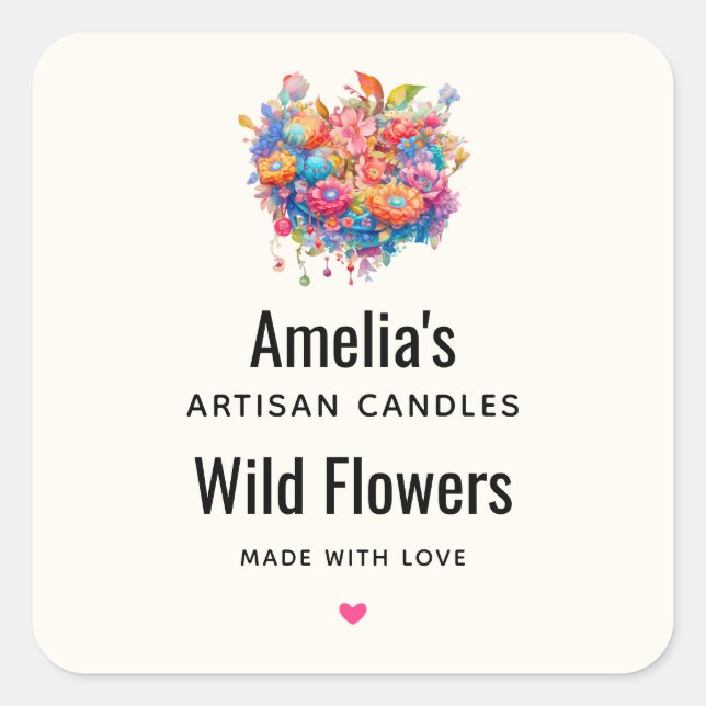 Blume Bouquet Orange & Blue Boho Candle Business Quadratischer Aufkleber (Vorderseite)