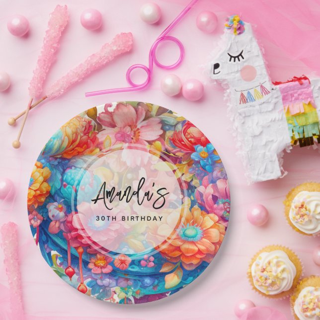 Blume Bouquet Orange & Blue Boho Geburtstag Pappteller (Party)