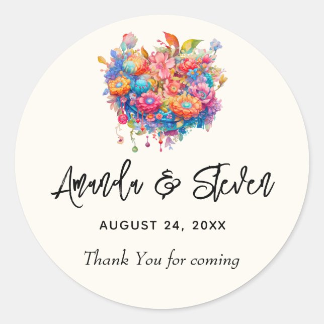 Blume Bouquet Orange & Blue Wedding Vielen Dank Runder Aufkleber (Vorderseite)