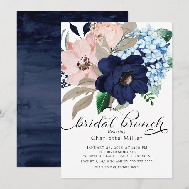 Blume Bridal Brunch in Navy Blue und Blush Einladung (Vorne/Hinten)
