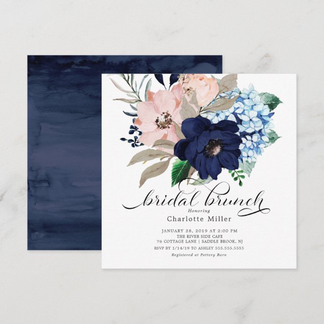 Blume Bridal Brunch in Navy Blue und Blush Einladung (Vorne/Hinten)