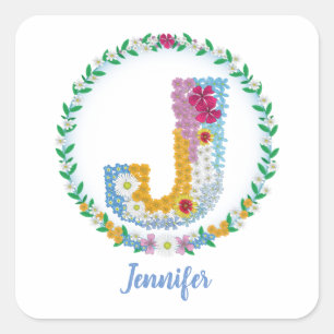 Blume Buchstaben Anfangsbuchstaben "J" mit Persona Quadratischer Aufkleber