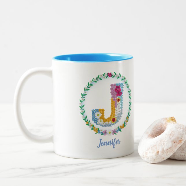 Blume Buchstaben Anfangsbuchstaben "J" mit Persona Zweifarbige Tasse (Mit Donut)