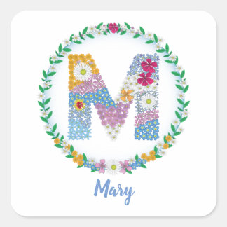 Blume Buchstaben Anfangsbuchstaben "M" mit Persona Quadratischer Aufkleber