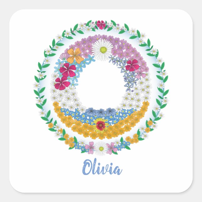 Blume Buchstaben Anfangsbuchstaben "O" mit Persona Quadratischer Aufkleber (Vorderseite)